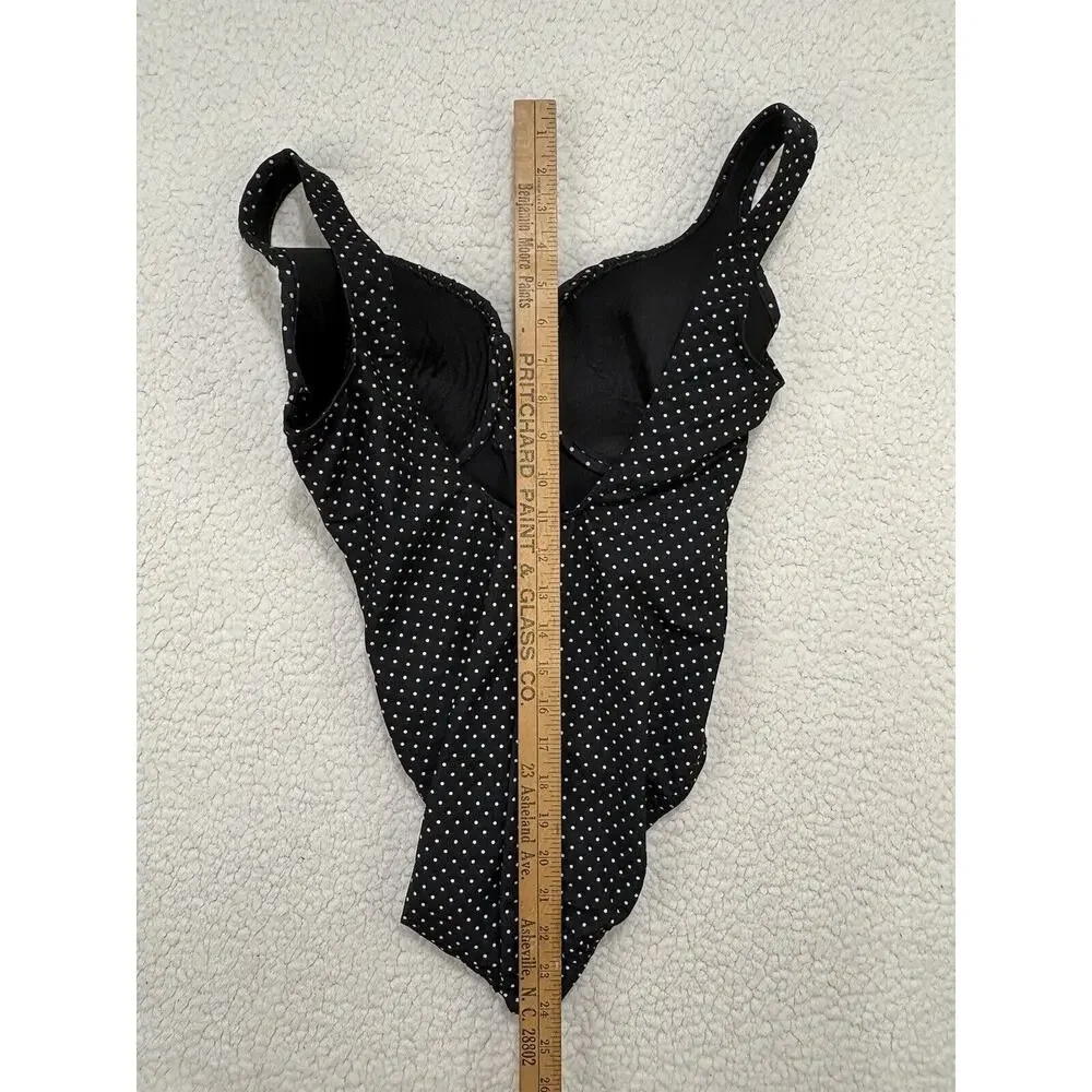 Vtg Miraclesuit Black One Piece Swimsuit Polka Dot Ruched Underwire Shaping Slim